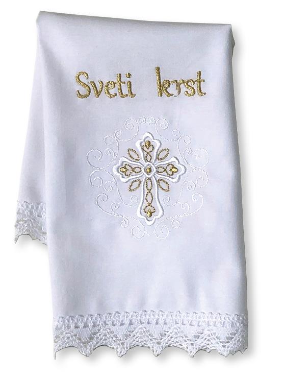 Krstni prtiček Zlat križ z vezenjem