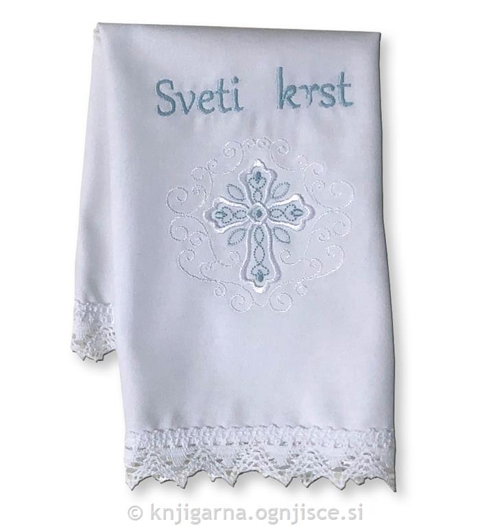 Krstni prtiček Moder križ z vezenjem