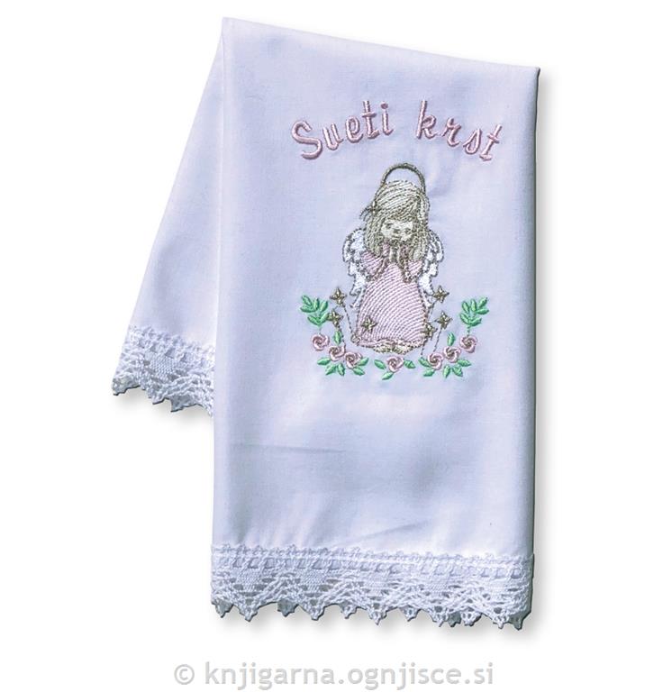 Krstni prtiček angelček Roza z vezenjem