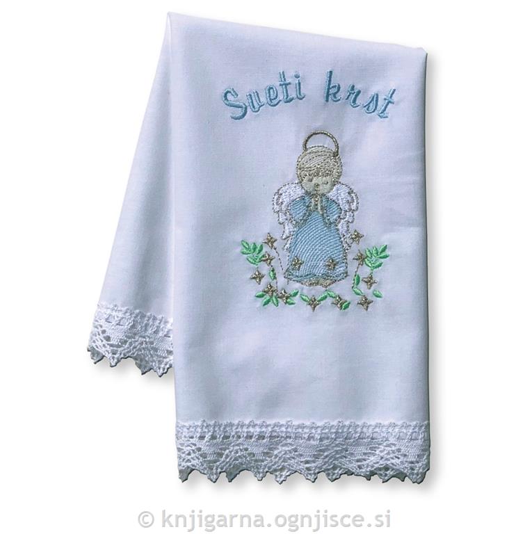 Krstni prtiček angelček Moder z vezenjem