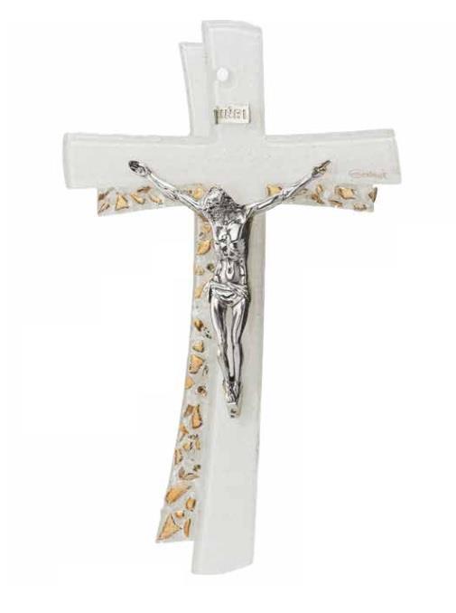 KRIŽ STEKLEN BEL - ZLAT MOZAIK 47cm