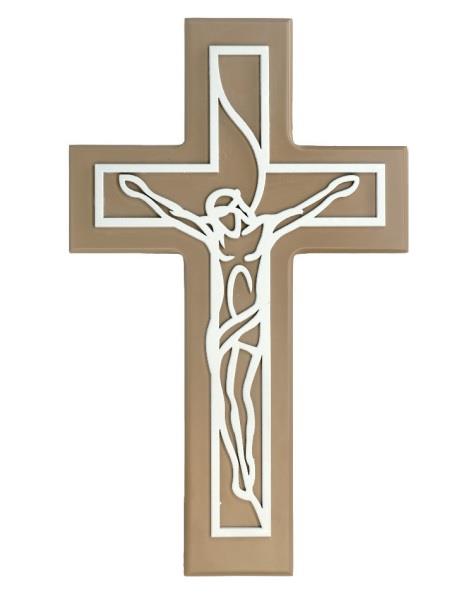 KRIŽ 28x17cm BEL RELIEF NA RJAVI PODLAGI